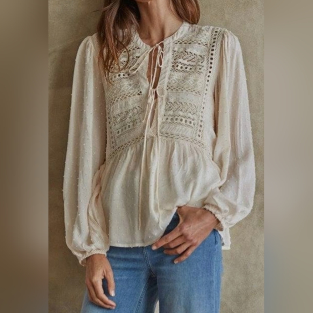 By Together Sarita Boho Swiss Dot Woven Rayon V-Neck Blush Pink Blouse Medium